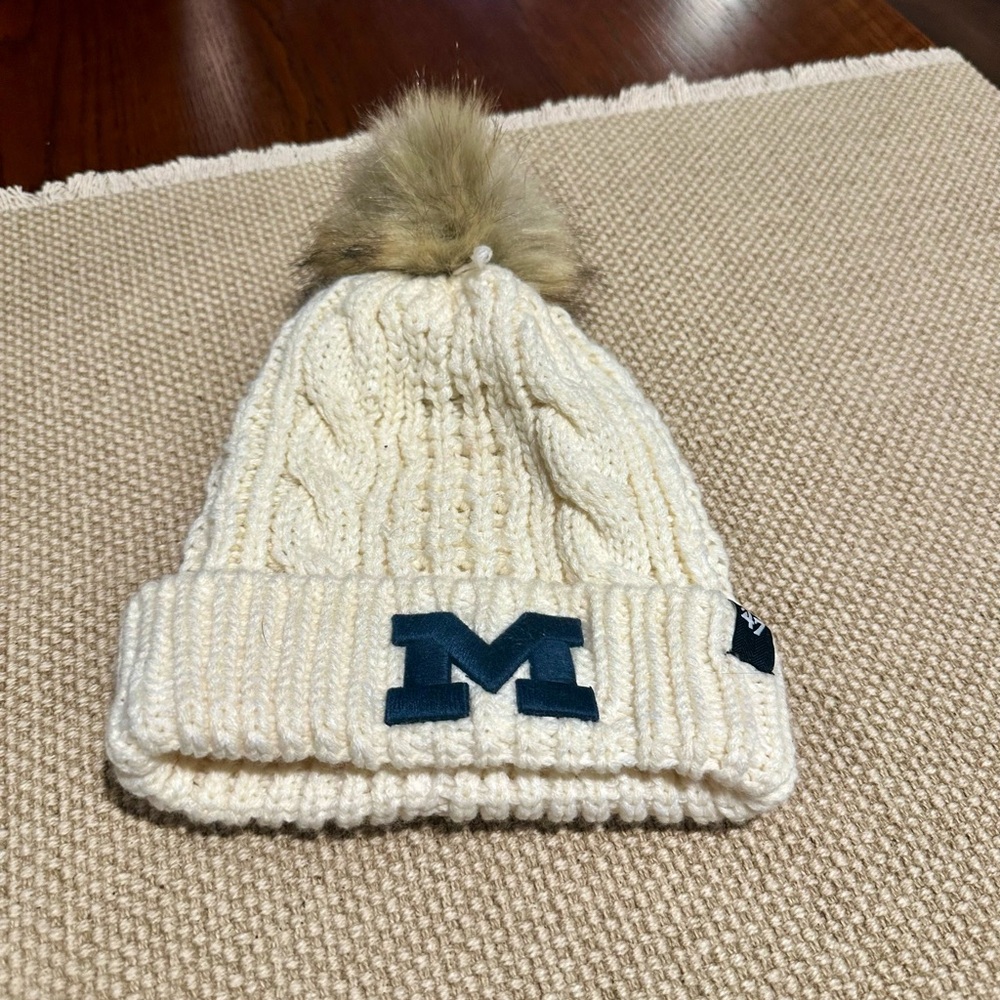 University of Michigan Cream and Tan Cable Knit Pom-Pom Hat “Go Blue”